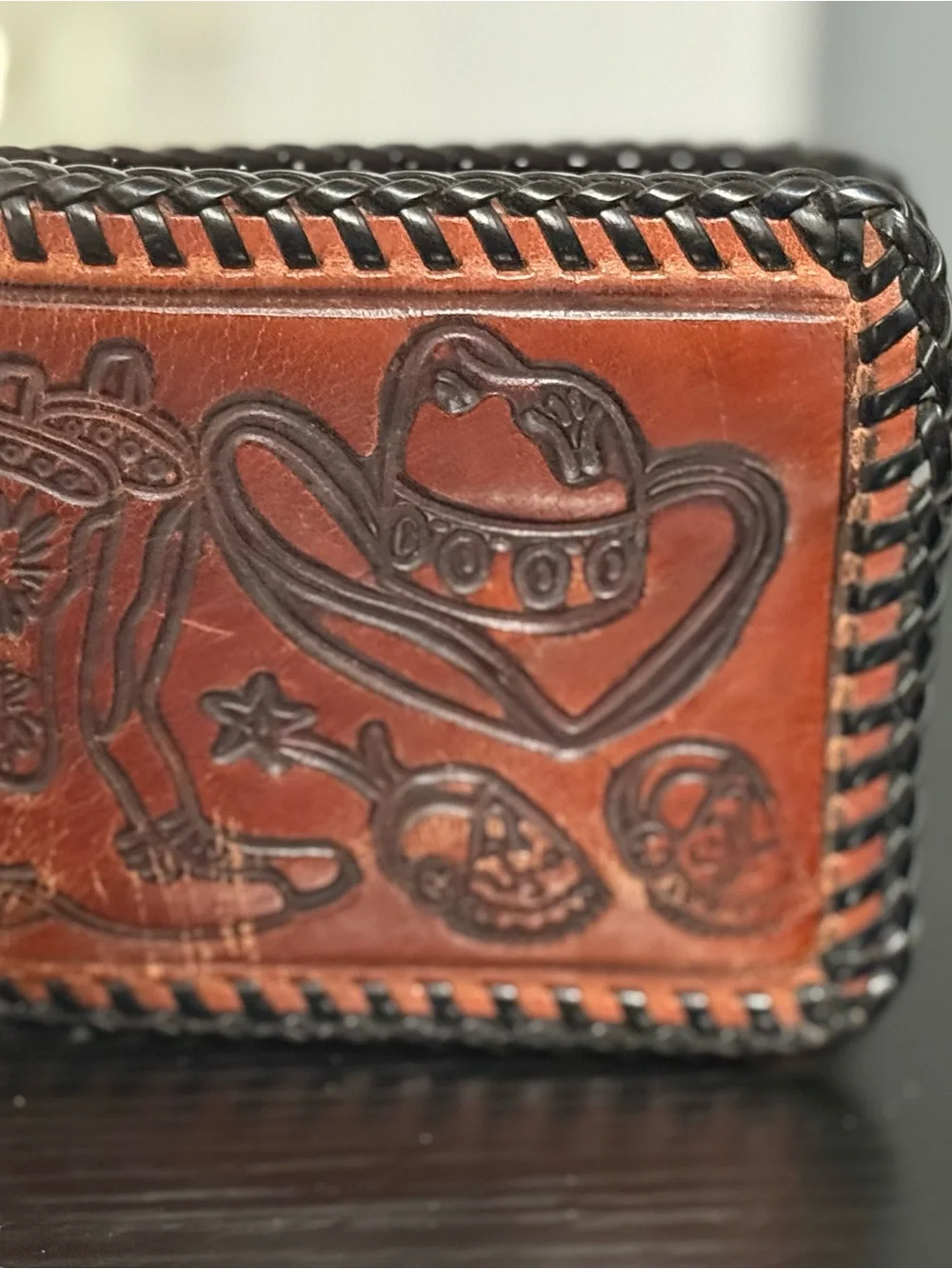 VTG Handmade Leather Wallet with Cowboy Motifs Boots & Spurs, Hat, Gun & Saddle